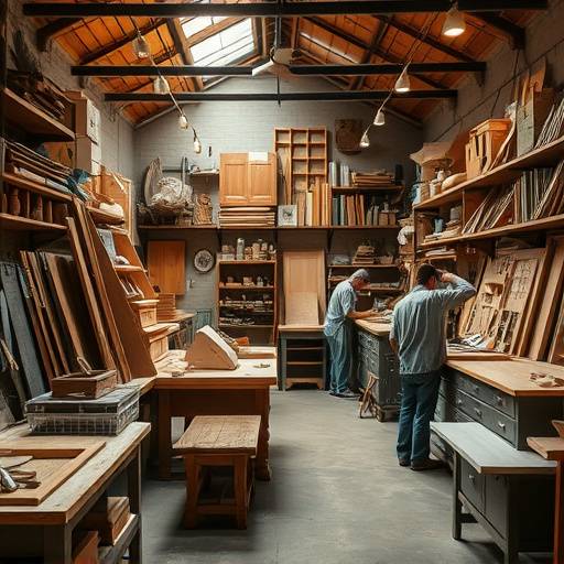 Interior da oficina de Móveis Estrela Guia com artesãos trabalhando na produäão de móveis