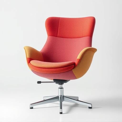 Poltrona moderna com design ergonômico, revestimento em tecido colorido e base giratória cromada