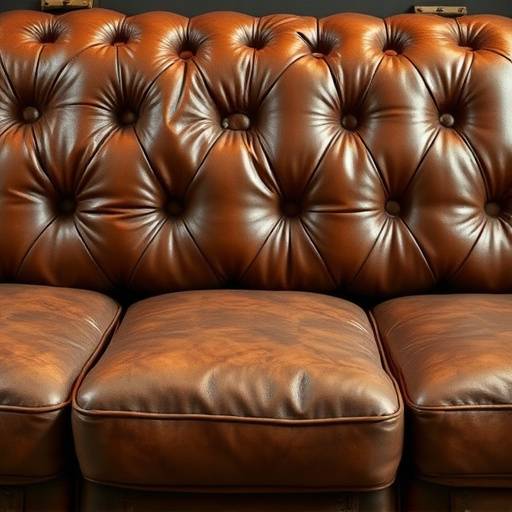 Sofá de couro vintage marrom com almofadas macias e detalhes em capitonê
